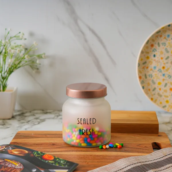 Kitchen Storage Jars Frosted Jar With Steel Lid Air Tight Jar Femora 700ML- Golden Lid - Image 2