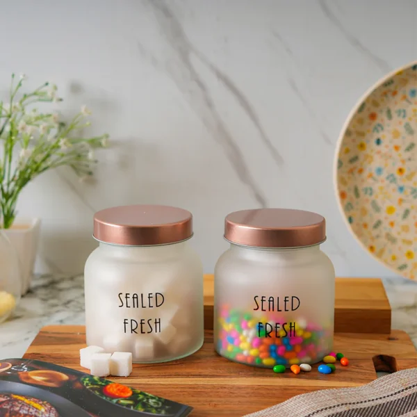 Kitchen Storage Jars Frosted Jar With Steel Lid Air Tight Jar Femora 700ML- Golden Lid - Image 3