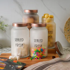 Kitchen Storage Jars Frosted Jar With Steel Lid Air Tight Jar Femora 1500ml - Golden Lid