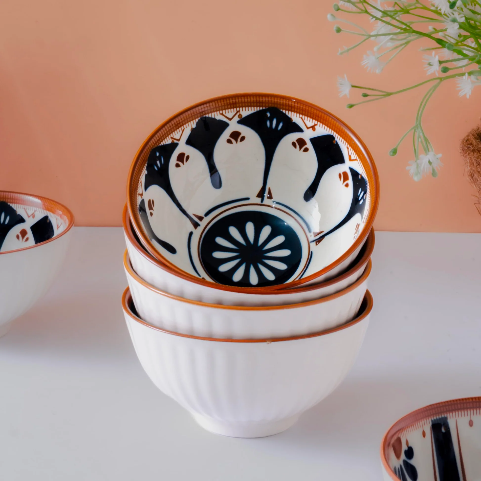 Femora Ceramic Bowl Set of 4 | Elegant Serving Bowls, Gift-Pack Ideal for Gifting | Mandana Print - Image 4