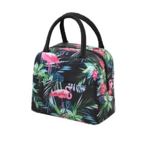Insulated Lunch Bags Small for Women Work, Student Kids to School, Thermal Cooler Tote Bag Picnic Organizer Storage Lunch Box Portable and Reusable | Black Flamingo