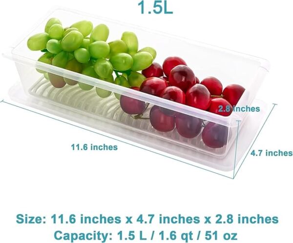 J3WORLD - Fridge Storage Containers (Pack of 6), Fridge Organizer Storage Boxes with Removable Drain Plate, Lids, Stackable Organizer, Fridge Storage Box Keep Fruits, Vegetables Fresher, 1500 ML - Image 2
