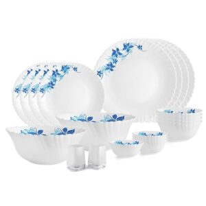 Cello Opalware Dazzle Series Blue Swirl Dinner Set, 20 Pcs | Light-Weight, Daily Use Crockery Set for Dining | White Plate and Bowl Set