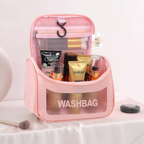 J3WORLD essentials Transparent Cosmetic Organizer Bag with Hook, Washbag Pouch Travel Makeup Bag Portable Carry Toiletry Storage Bag Makeup Pouch for Women Girls - Image 3