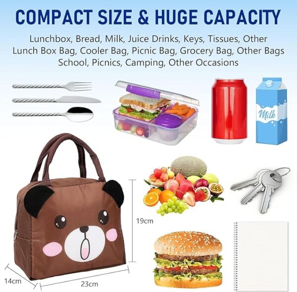 Insulated Lunch Bags Small for Women Work, Student Kids to School, Thermal Cooler Tote Bag Picnic Organizer Storage Lunch Box Portable and Reusable - Cartoon Brown Bear - Image 4