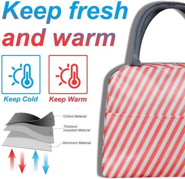 Insulated Lunch Bags Small for Women Work, Student Kids to School, Thermal Cooler Tote Bag Picnic Organizer Storage Lunch Box Portable and Reusable (Pink Stripes) - Image 3