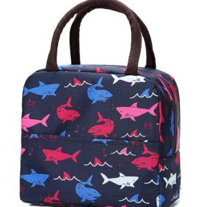 Insulated Lunch Bags Small for Women Work, Student Kids to School, Thermal Cooler Tote Bag Picnic Organizer Storage Lunch Box Portable and Reusable (Blue Sharks)