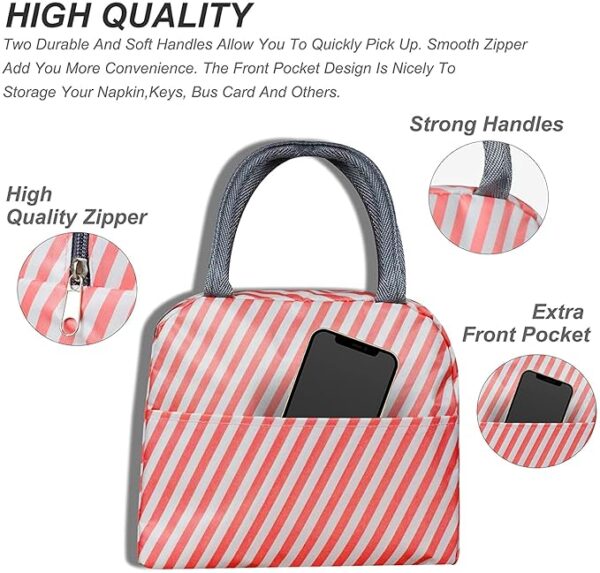 Insulated Lunch Bags Small for Women Work, Student Kids to School, Thermal Cooler Tote Bag Picnic Organizer Storage Lunch Box Portable and Reusable (Pink Stripes) - Image 4