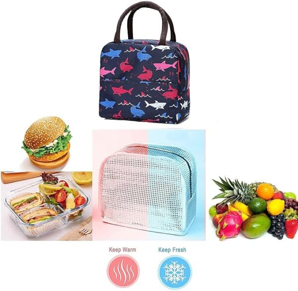 Insulated Lunch Bags Small for Women Work, Student Kids to School, Thermal Cooler Tote Bag Picnic Organizer Storage Lunch Box Portable and Reusable (Blue Sharks) - Image 3