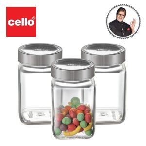 CELLO Qube Fresh Glass Storage Jar with See Through Lid Set of 3, (300 ml x 3), Transparent | Food Frade, Stackable, Easy Storage Jar | Air Tight Kitchen Glass Jar For Cookies Snacks Pulses Dry Fruits