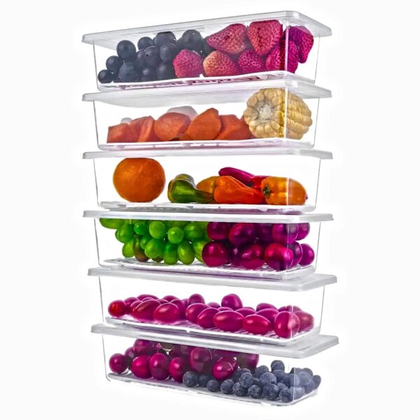 J3WORLD - Fridge Storage Containers (Pack of 6), Fridge Organizer Storage Boxes with Removable Drain Plate, Lids, Stackable Organizer, Fridge Storage Box Keep Fruits, Vegetables Fresher, 1500 ML - Image 3