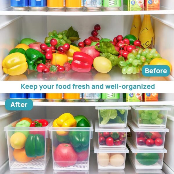 J3WORLD - Fridge Storage Containers (Pack of 6), Fridge Organizer Storage Boxes with Removable Drain Plate, Lids, Stackable Organizer, Fridge Storage Box Keep Fruits, Vegetables Fresher, 1500 ML - Image 4