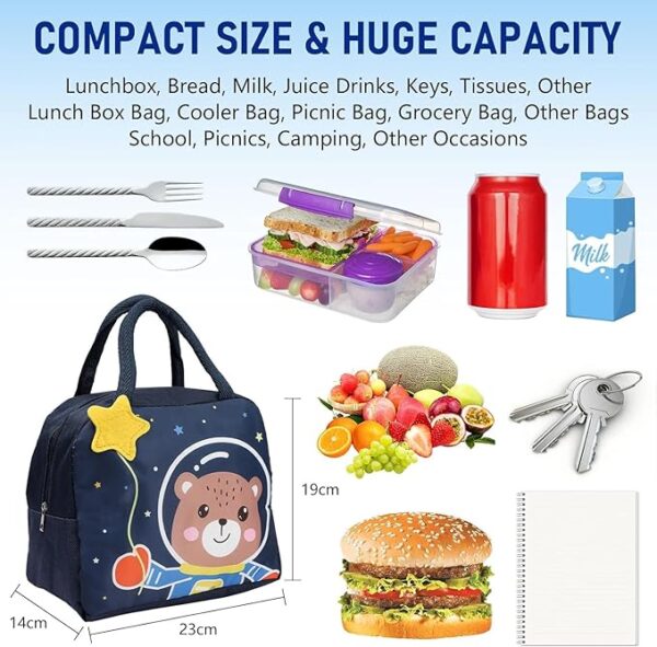 Insulated Lunch Bags Small for Women Work, Student Kids to School, Thermal Cooler Tote Bag Picnic Organizer Storage Lunch Box Portable and Reusable - Cartoon Blue Space Bear - Image 2