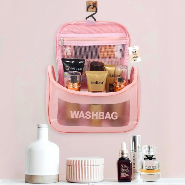 J3WORLD essentials Transparent Cosmetic Organizer Bag with Hook, Washbag Pouch Travel Makeup Bag Portable Carry Toiletry Storage Bag Makeup Pouch for Women Girls - Image 5