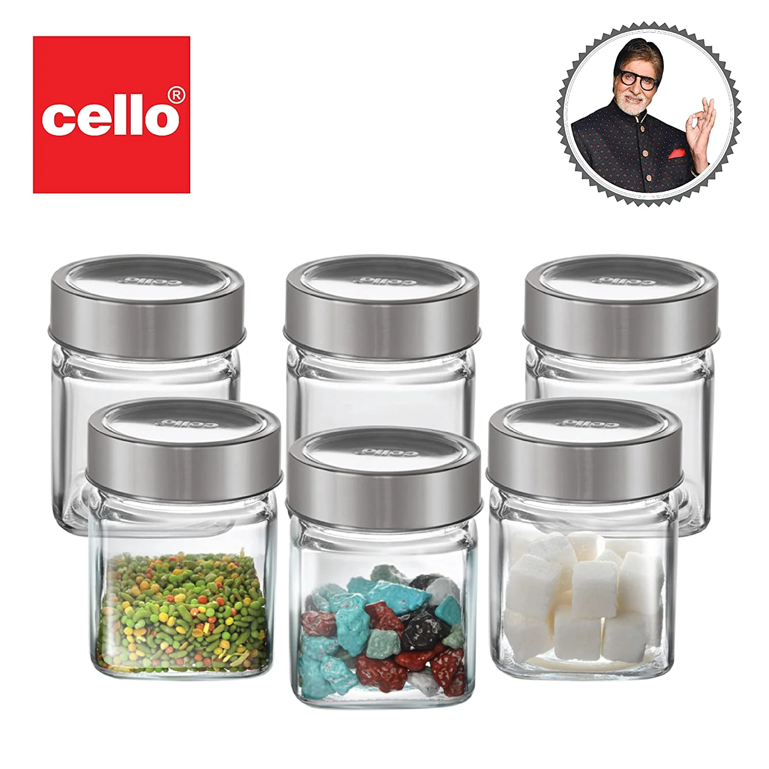 Cello Qube Fresh Glass Storage Jar, Air Tight, See-Through Lid, Clear, Set of 6 (180 ml Each)