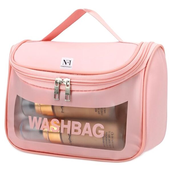 J3WORLD essentials Transparent Cosmetic Organizer Bag with Hook, Washbag Pouch Travel Makeup Bag Portable Carry Toiletry Storage Bag Makeup Pouch for Women Girls