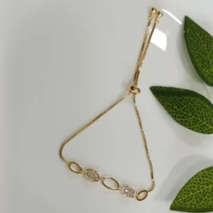 Korean Gold Plated Oval Shaped Design Link Cubic Zirconia Stone Adjustable Bracelet