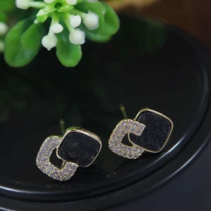 Korean Gold Plated Square Shaped Black Coloured CZ Stud Earring