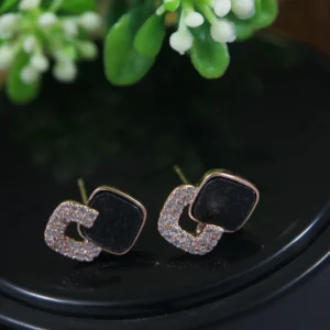Korean Rose Gold Plated Square Shaped Black Coloured CZ Stud Earring