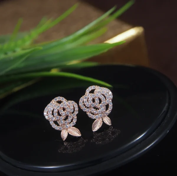 Korean Rose Gold Plated Rose Shaped Stud Earring - Image 2