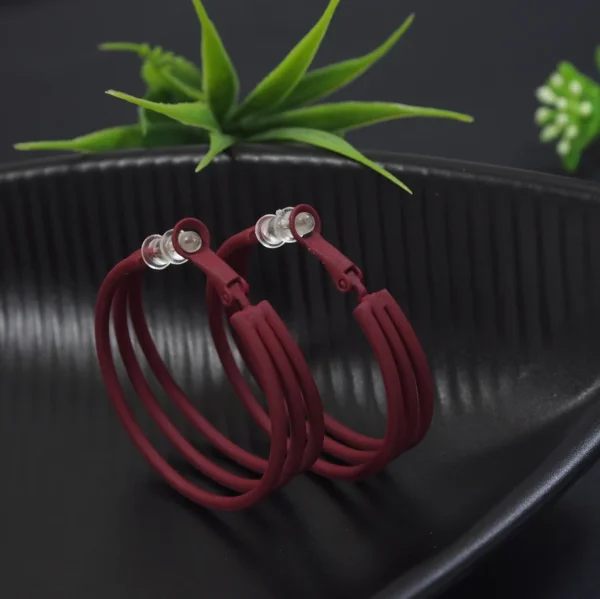 Korean Maroon Colored Tri Linear Hoops Earring