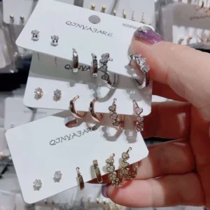 Korean Cubic Zirconia Three Pair Hoops Earring - Gold