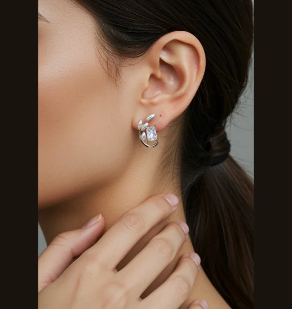 Korean Silver Plated Leaves Shaped Stud Earring - Image 2