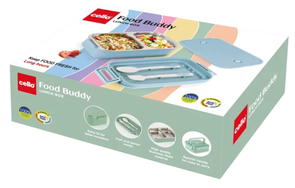 CELLO Food Buddy Lunch Box with Plastic Spoon and Fork | 100% Food Grade | Leak Proof and Break Resistant | Ideal for School, College, Office, Outdoor Activities | 925 ml, Multi Color - Image 2